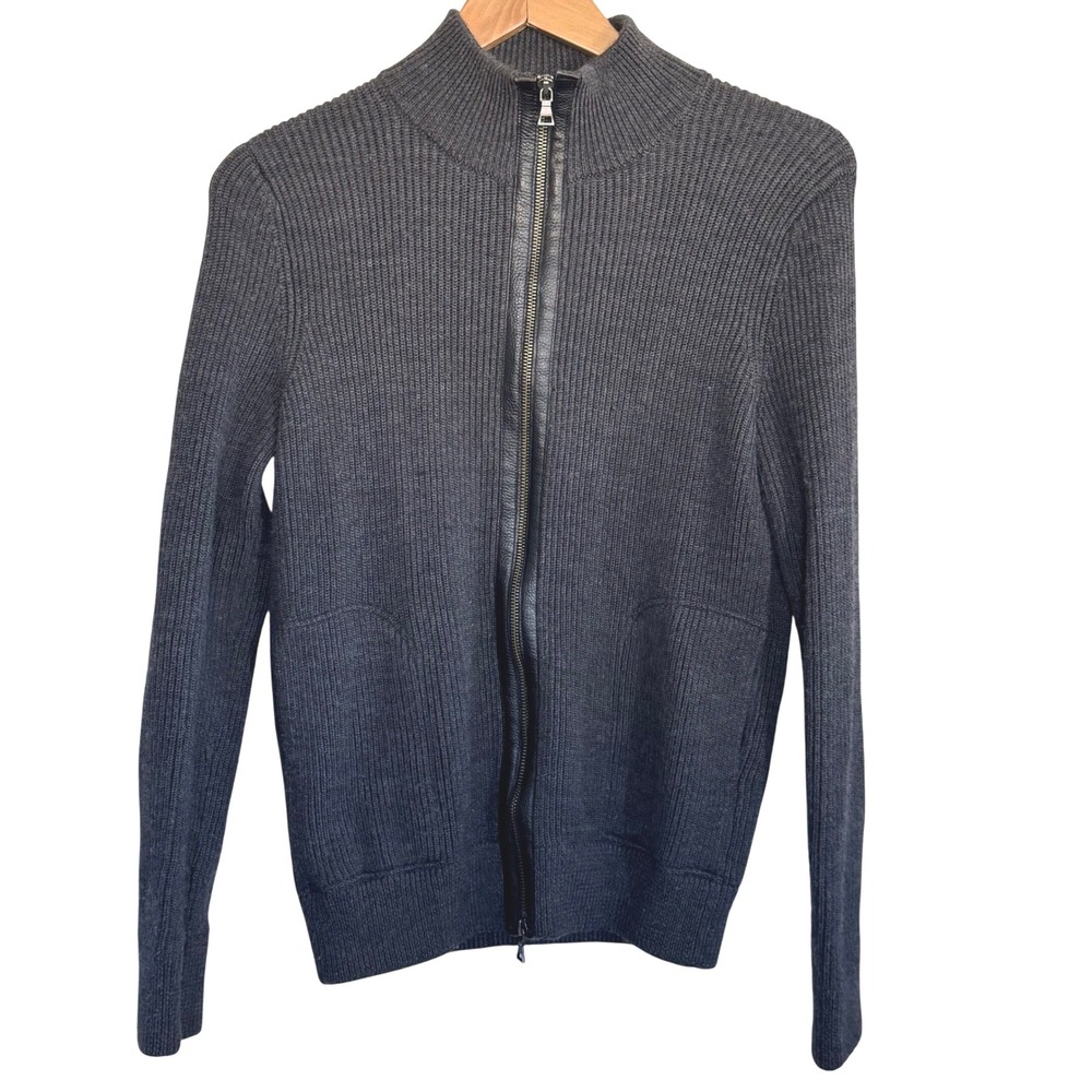 Vince Mens Sweater Gray Ribbed Wool Leather Trim Full Zip Mock Neck Size S